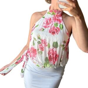 Windsor S White Pink Floral Chiffon Pleated Halter Backless Side Tie Blouse Top